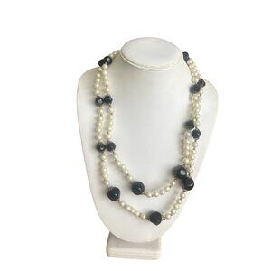 Vintage Black & White Beaded Necklace With Faux Pearls & Gold-Tone Accents